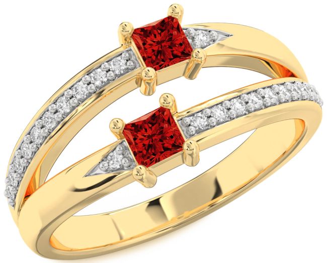 Diamond Ruby Gold Silver Princess Two Stone Birthstone Ring