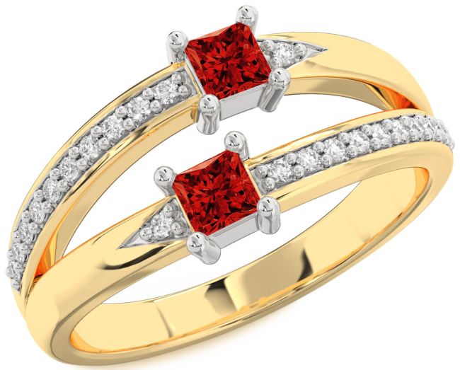 Diamond Ruby Gold Silver Princess Two Stone Birthstone Ring