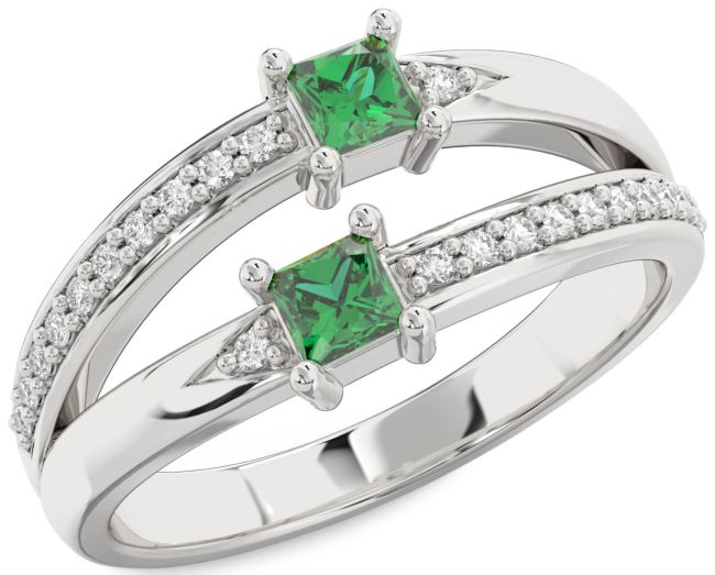 Diamond Emerald Silver Princess Two Stone Birthstone Ring
