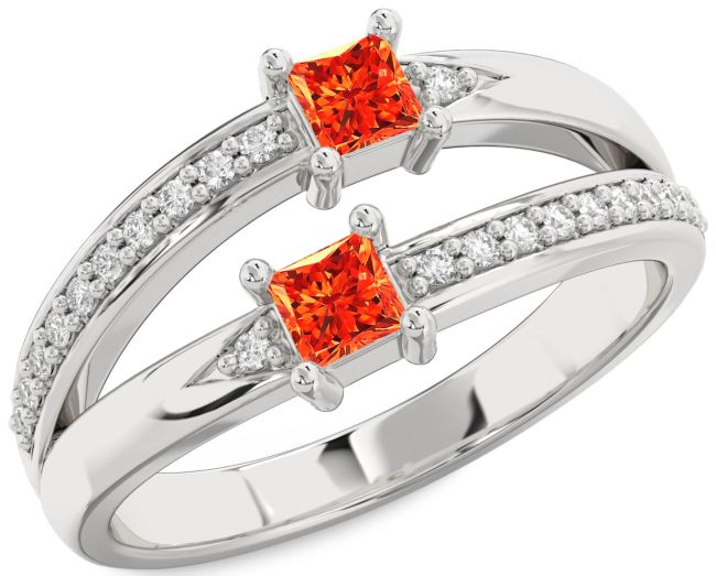 Diamond Fire Opal Silver Princess Two Stone Ring