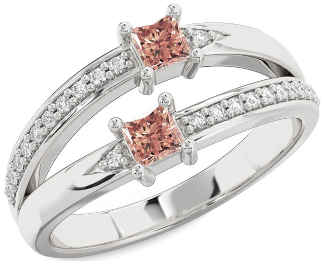 Diamond Morganite Silver Princess Two Stone Ring
