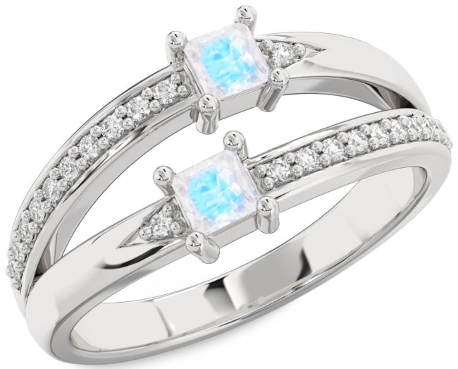 Diamond Moonstone Silver Princess Two Stone Ring