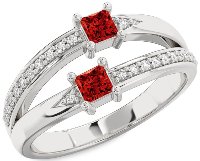 Diamond Ruby Silver Princess Two Stone Birthstone Ring