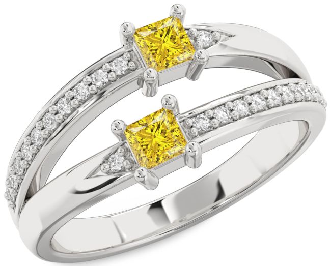 Yellow Diamond Silver Princess Two Stone Ring