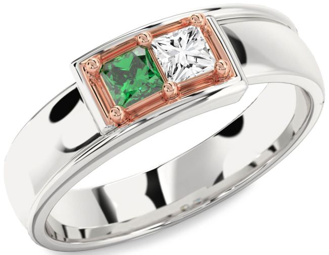 Men's Silver & 10K Rose Gold Princess Two Stone Promise Band Ring