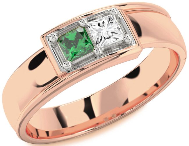Men's Rose Gold Silver Princess Two Stone Promise Band Ring