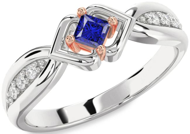 Diamond Blue Sapphire Platinum & Rose Gold Princess Promise Ring