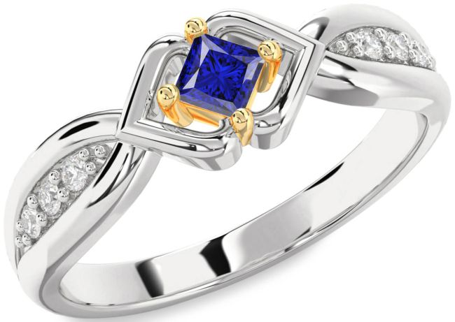 Diamond Blue Sapphire Silver & 10K gold Princess Promise Ring