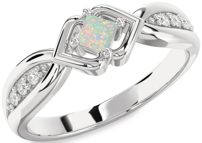 Diamond Opal Silver Princess Promise Ring