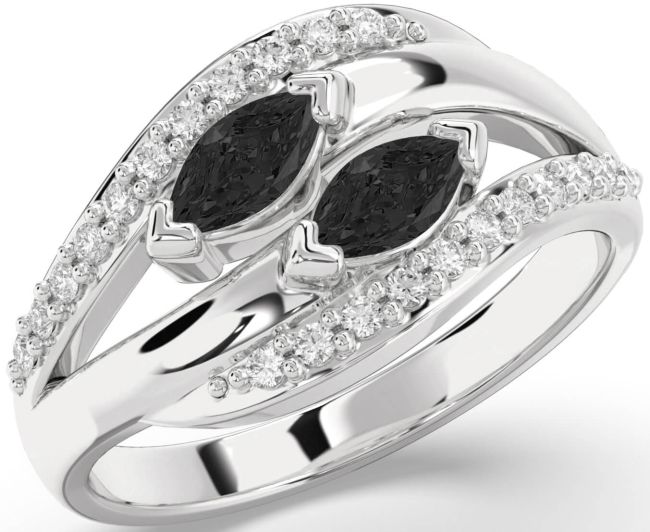Black Diamond Silver Marquise Two Stone Ring