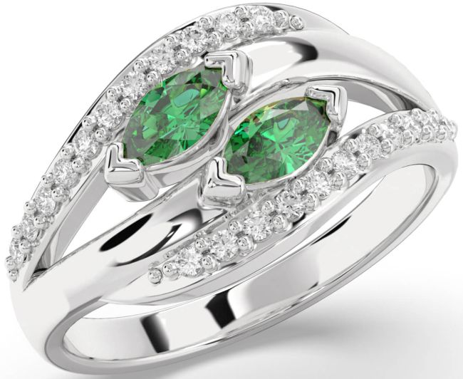 Diamond Emerald Silver Marquise Two Stone Birthstone Ring