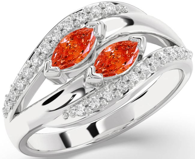 Diamond Fire Opal Silver Marquise Two Stone Ring