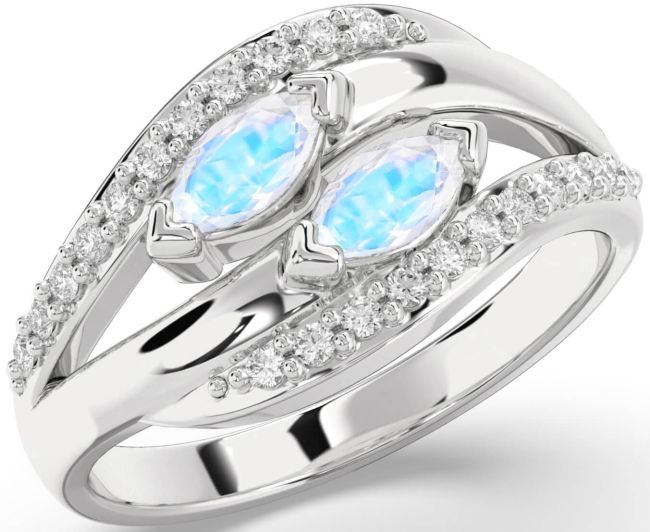 Diamond Moonstone Silver Marquise Two Stone Ring