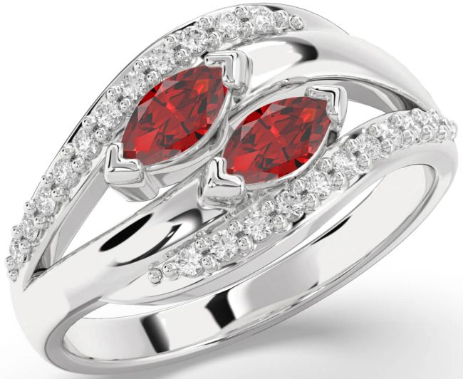 Diamond Ruby Silver Marquise Two Stone Birthstone Ring
