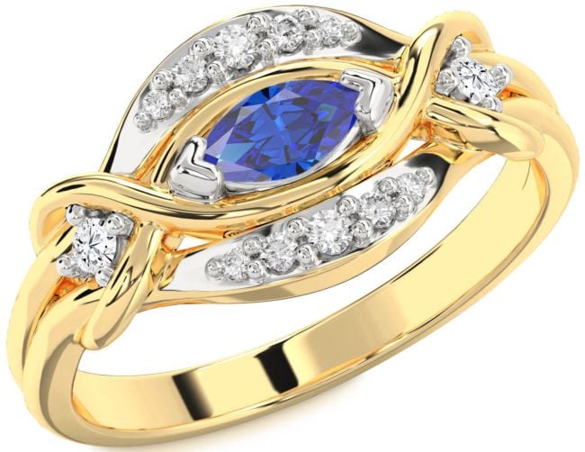 Diamond Blue Sapphire White Yellow Gold Marquise Promise Ring
