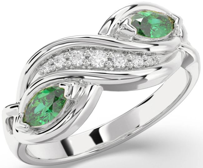 Diamond Emerald Silver Marquise Two Stone Birthstone Ring