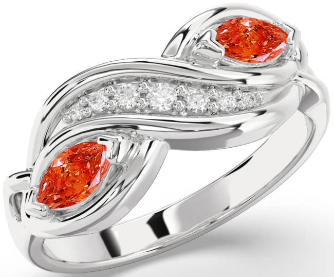 Diamond Fire Opal Silver Marquise Two Stone Ring