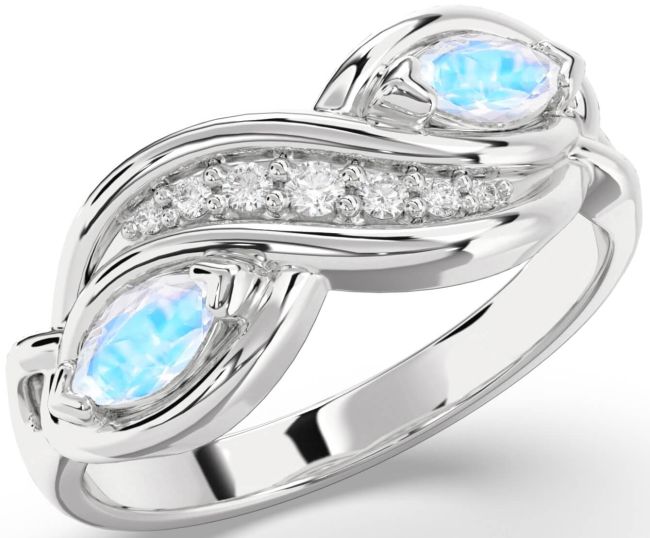 Diamond Moonstone Silver Marquise Two Stone Ring