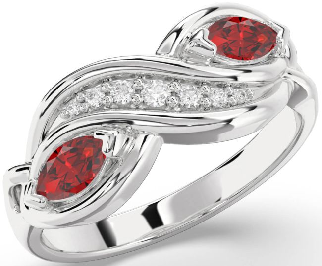 Diamond Ruby Silver Marquise Two Stone Birthstone Ring