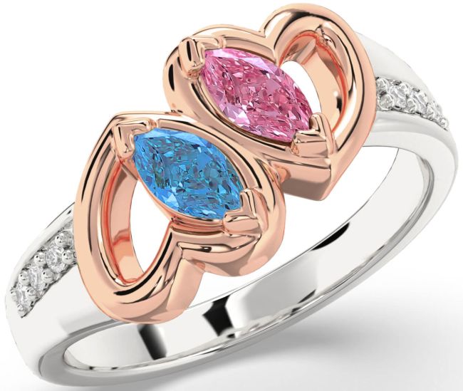 Diamond Silver & 10K Rose Gold Heart Two Stone Promise Ring