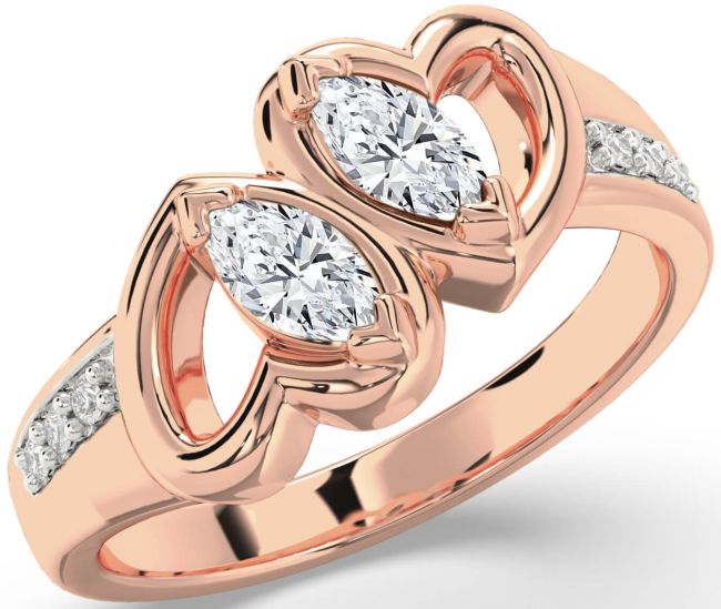 Diamond Rose Gold Silver Heart Two Stone Ring