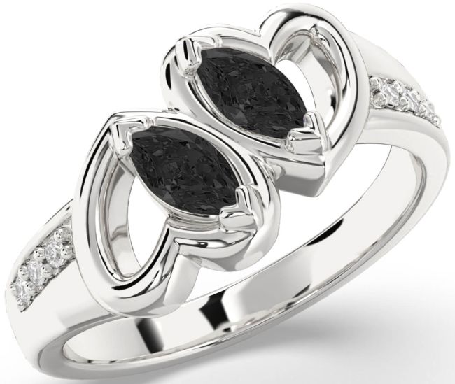 Black Diamond Silver Heart Two Stone Ring