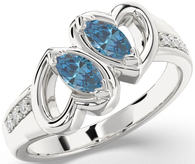 Blue Diamond Silver Heart Two Stone Ring