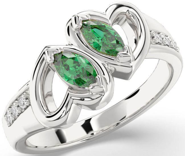 Diamond Emerald Silver Heart Two Stone Birthstone Ring