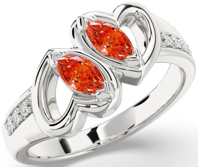 Diamond Fire Opal Silver Heart Two Stone Ring