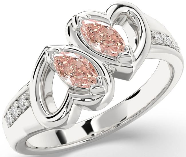 Diamond Morganite Silver Heart Two Stone Ring