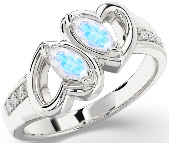 Diamond Moonstone Silver Heart Two Stone Ring
