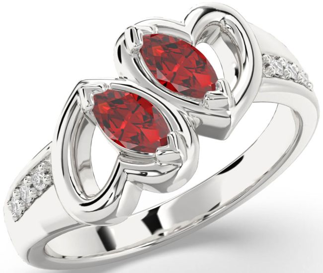 Diamond Ruby Silver Heart Two Stone Birthstone Ring
