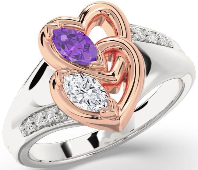 Diamond Silver & 10K Rose Gold Heart Two Stone Promise Ring