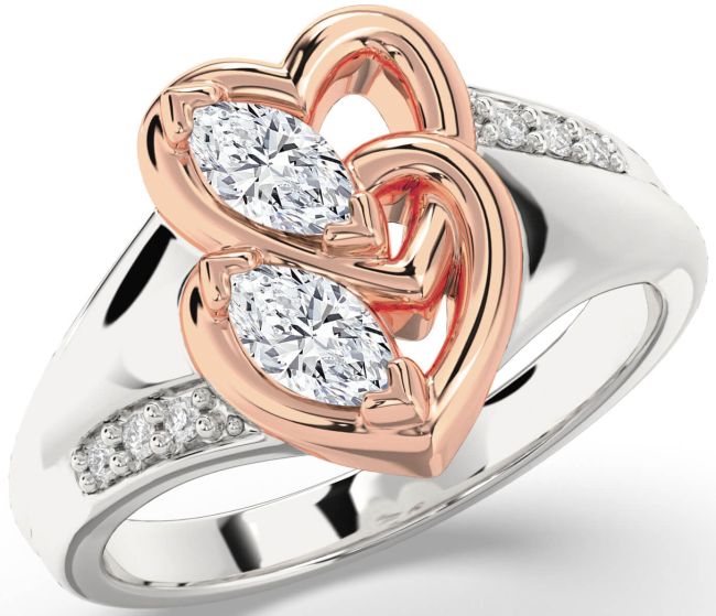 Diamond Platinum & Rose Gold Heart Two Stone Ring