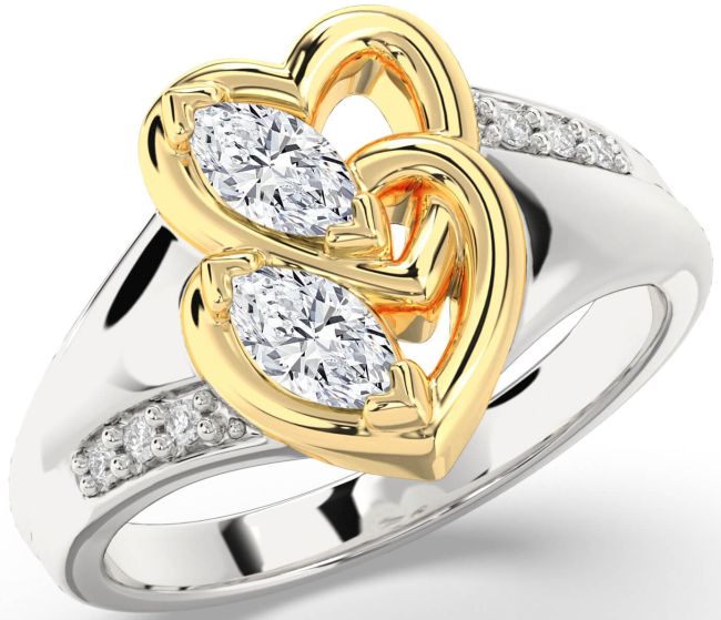 Diamond White Yellow Gold Heart Two Stone Ring