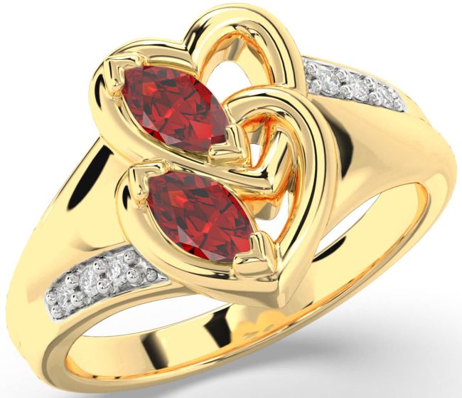 Diamond Ruby Gold Heart Two Stone Birthstone Ring