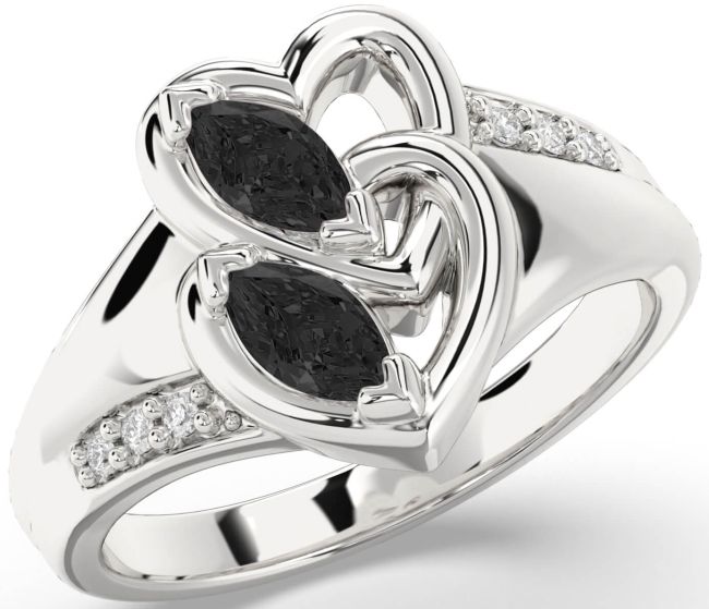Black Diamond Silver Heart Two Stone Ring
