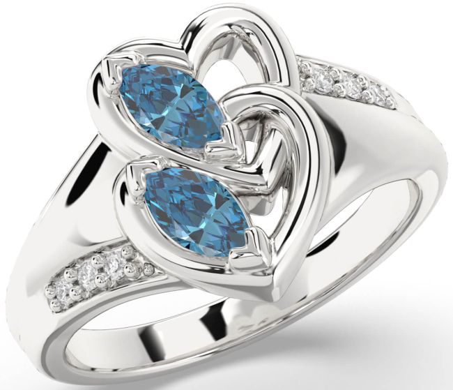 Blue Diamond Silver Heart Two Stone Ring