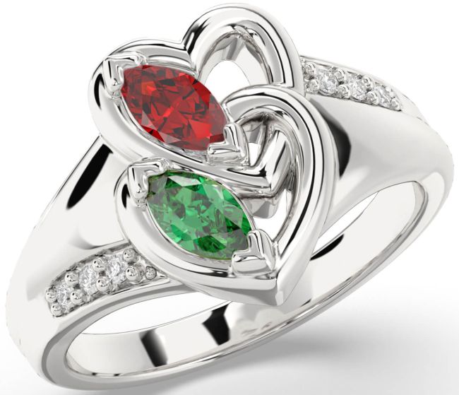 Diamond Silver Heart Two Stone Promise Ring