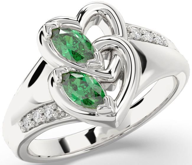 Diamond Emerald Silver Heart Two Stone Birthstone Ring