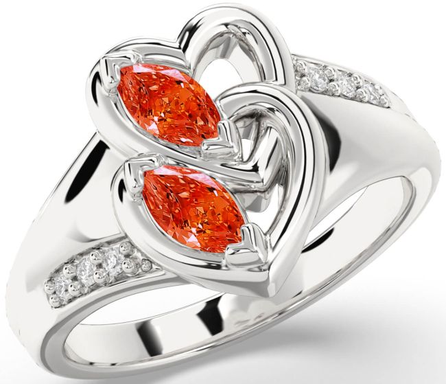 Diamond Fire Opal Silver Heart Two Stone Ring