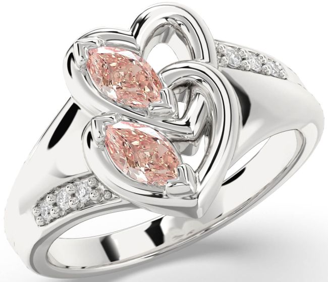 Diamond Morganite Silver Heart Two Stone Ring