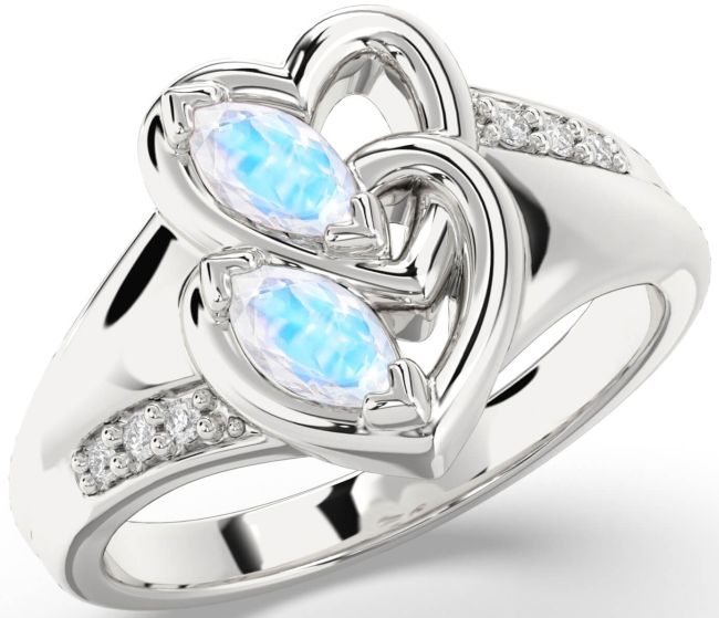 Diamond Moonstone Silver Heart Two Stone Ring