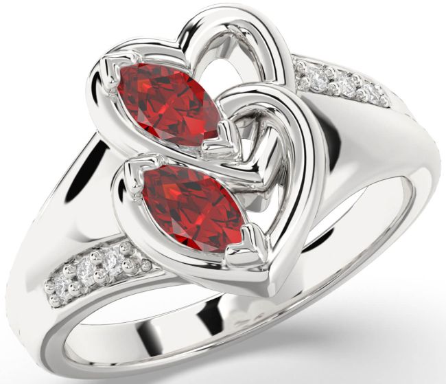 Diamond Ruby Silver Heart Two Stone Birthstone Ring