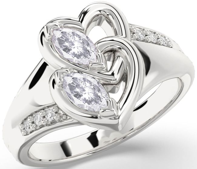 Salt & Pepper Diamond Silver Heart Two Stone Ring