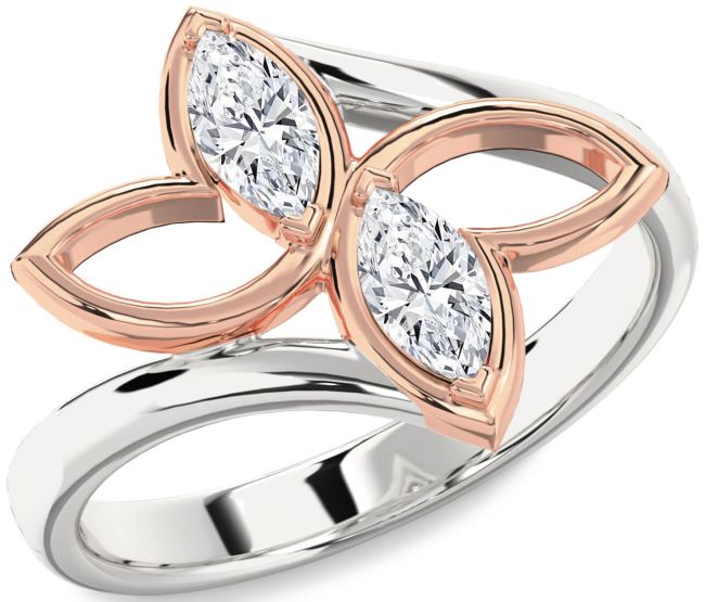 Diamond Silver & 10K Rose Gold Butterfly Marquise Two Stone Ring