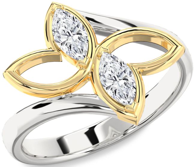 Diamond Gold Silver Butterfly Marquise Two Stone Ring
