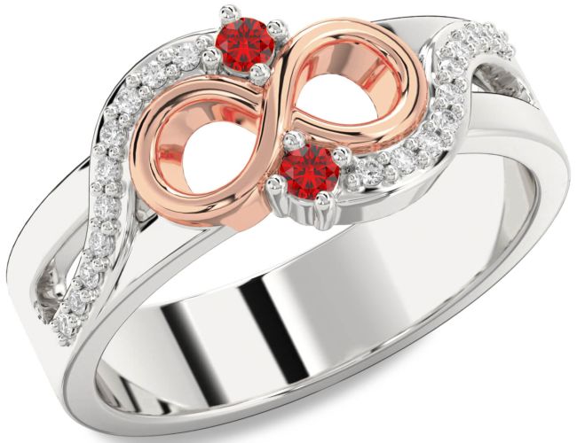 Diamond Ruby Rose Gold Silver Infinity Round Two Stone Birthstone Ring