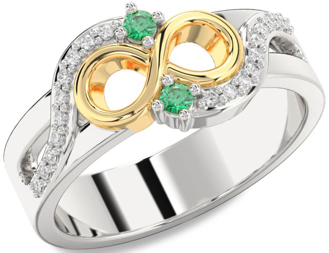 Diamond Emerald Gold Silver Infinity Round Two Stone Birthstone Ring