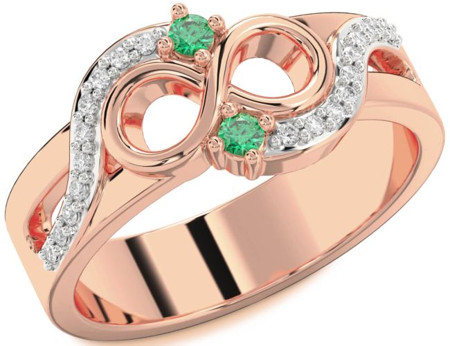 Diamond Emerald Rose Gold Infinity Round Two Stone Birthstone Ring